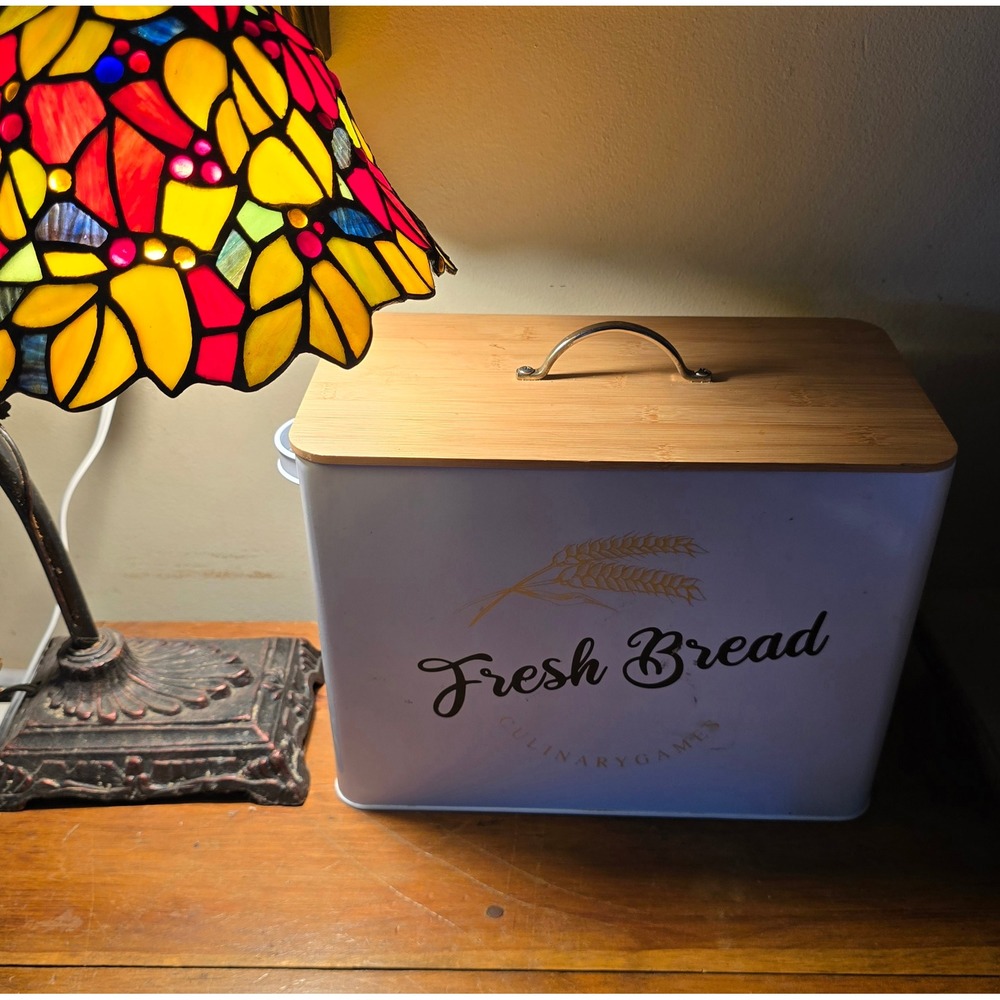 Culinary Games White Metal Bread Box Bamboo Cutting Board Lid Farmhouse Style